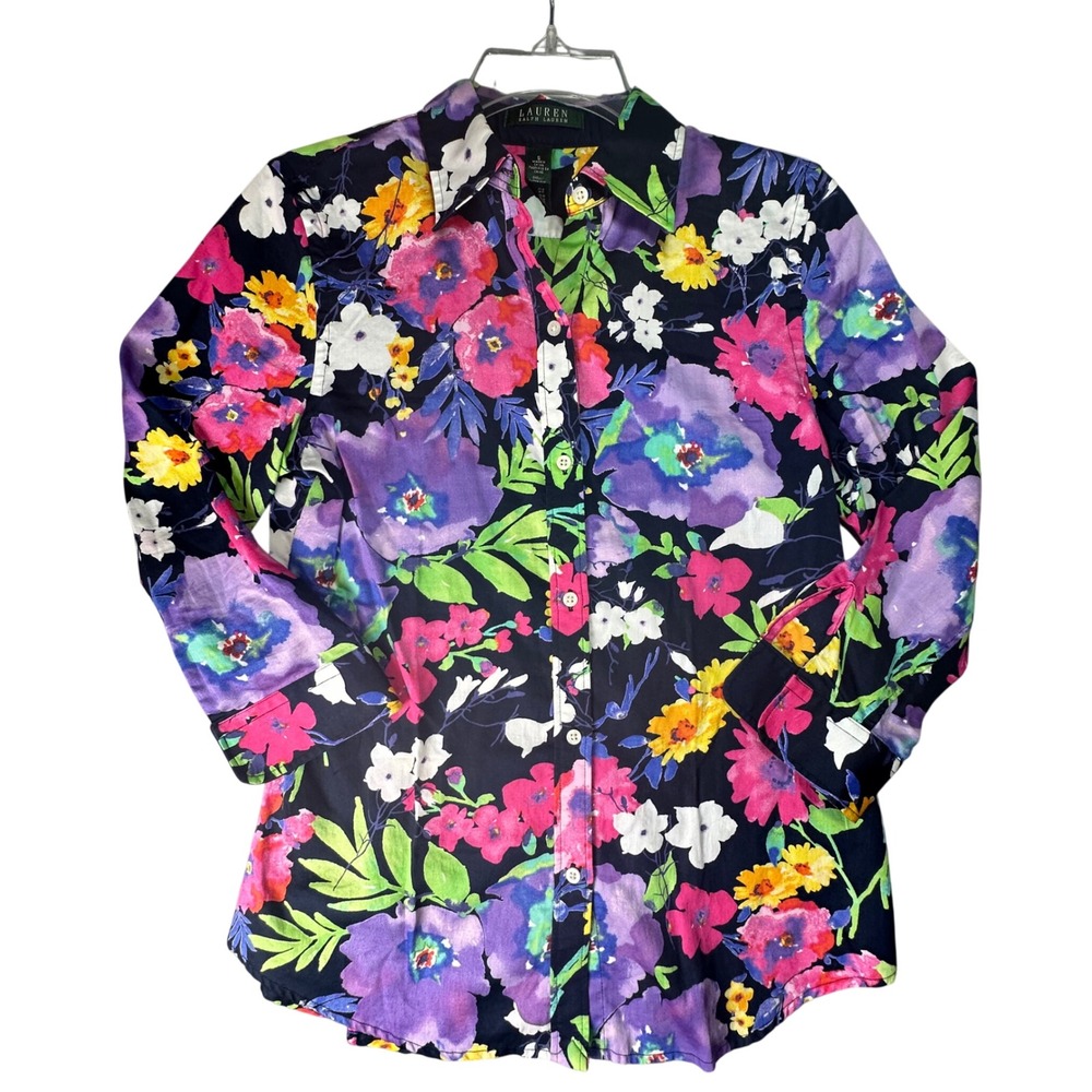 Lauren Ralph Lauren Floral Button Down Shirt Watercolor Preppy Small Navy Multi